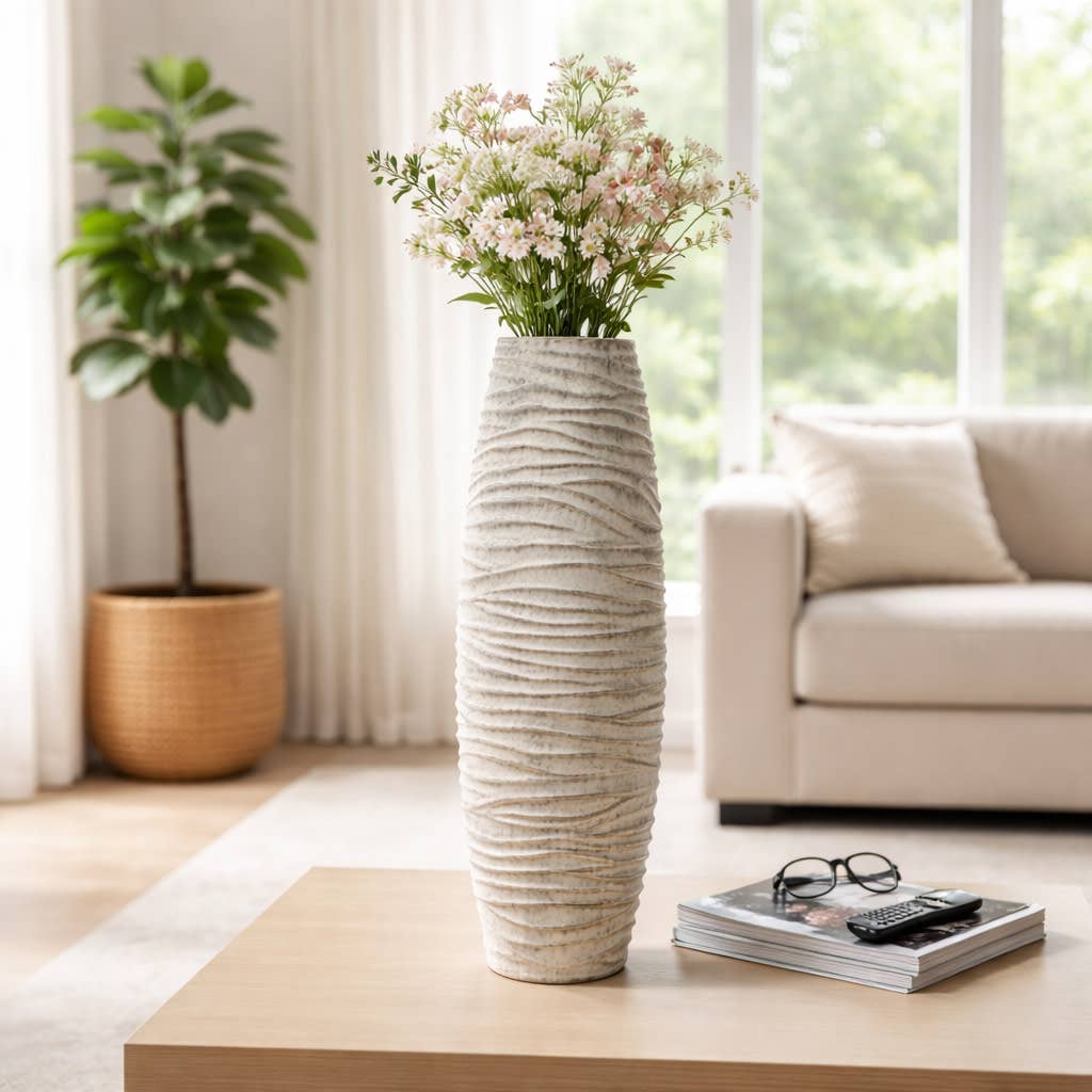 Decorative Vase - Gray Ceramic Textured Ribbed, 26 in.