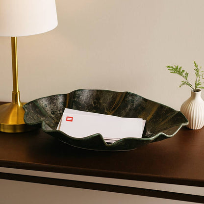 Decorative Bowl - Green Ceramic Oval with Wavy Edges, 21 in.