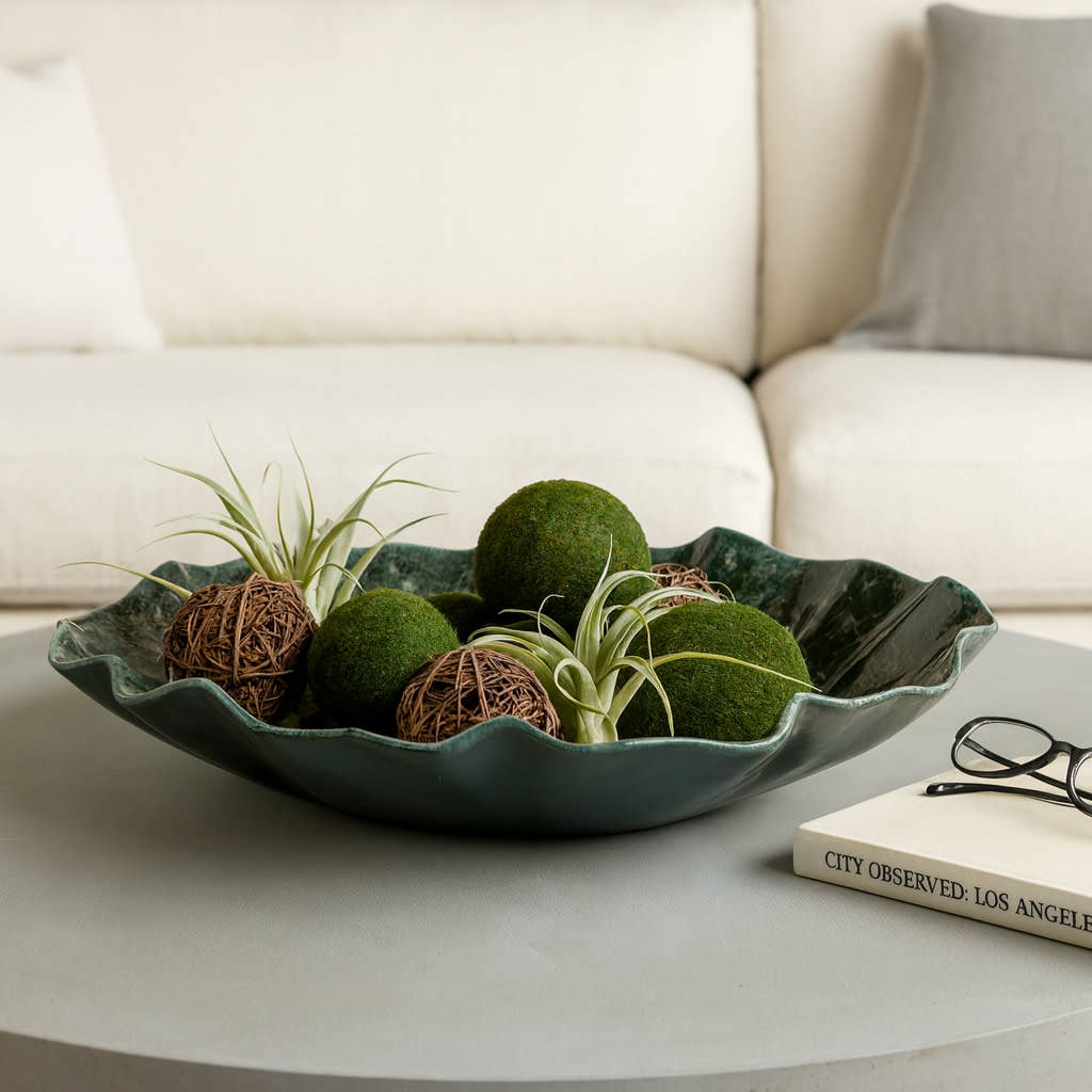 Decorative Bowl - Green Ceramic Oval with Wavy Edges, 21 in.