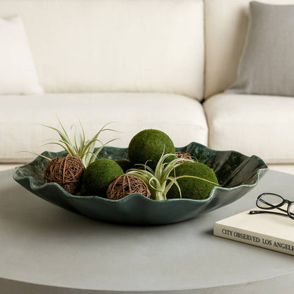 Decorative Bowl - Green Ceramic Oval with Wavy Edges, 21 in.