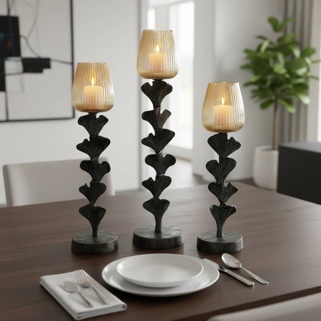 Candle Holders Set of 3 - Gray Glass Yarrow, 17/20/23 in.