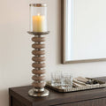 Candle Holder - Tan Pillar with Wood Ring Base, 20 in.