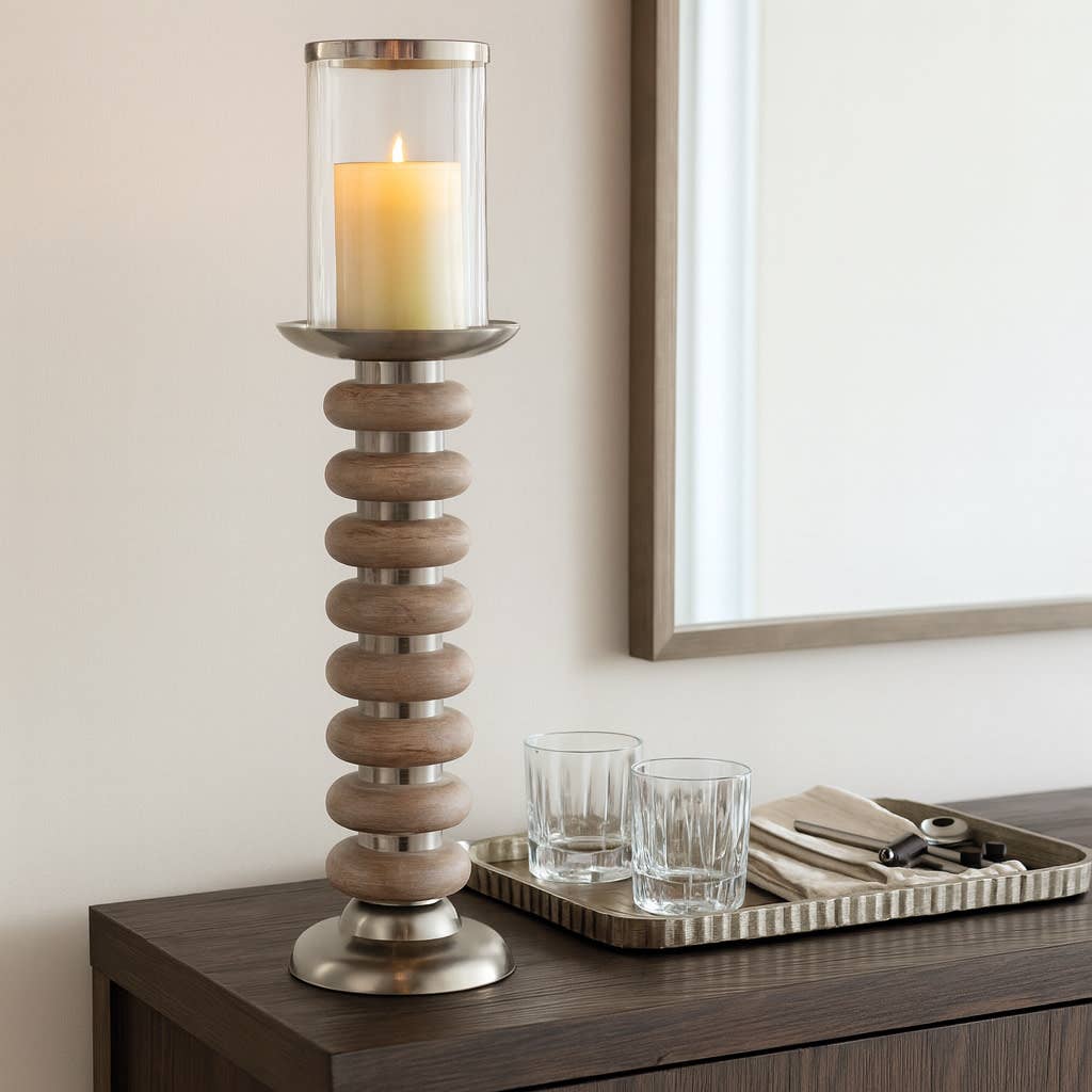 Candle Holder - Tan Pillar with Wood Ring Base, 20 in.