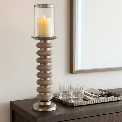 Candle Holder - Tan Pillar with Wood Ring Base, 20 in.