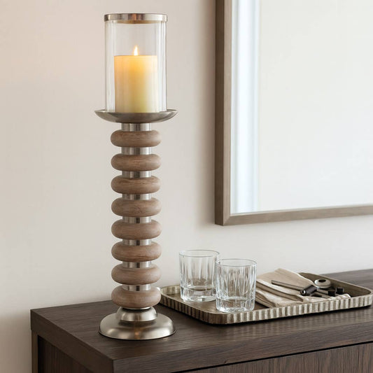 Candle Holder - Tan Pillar with Wood Ring Base, 20 in.