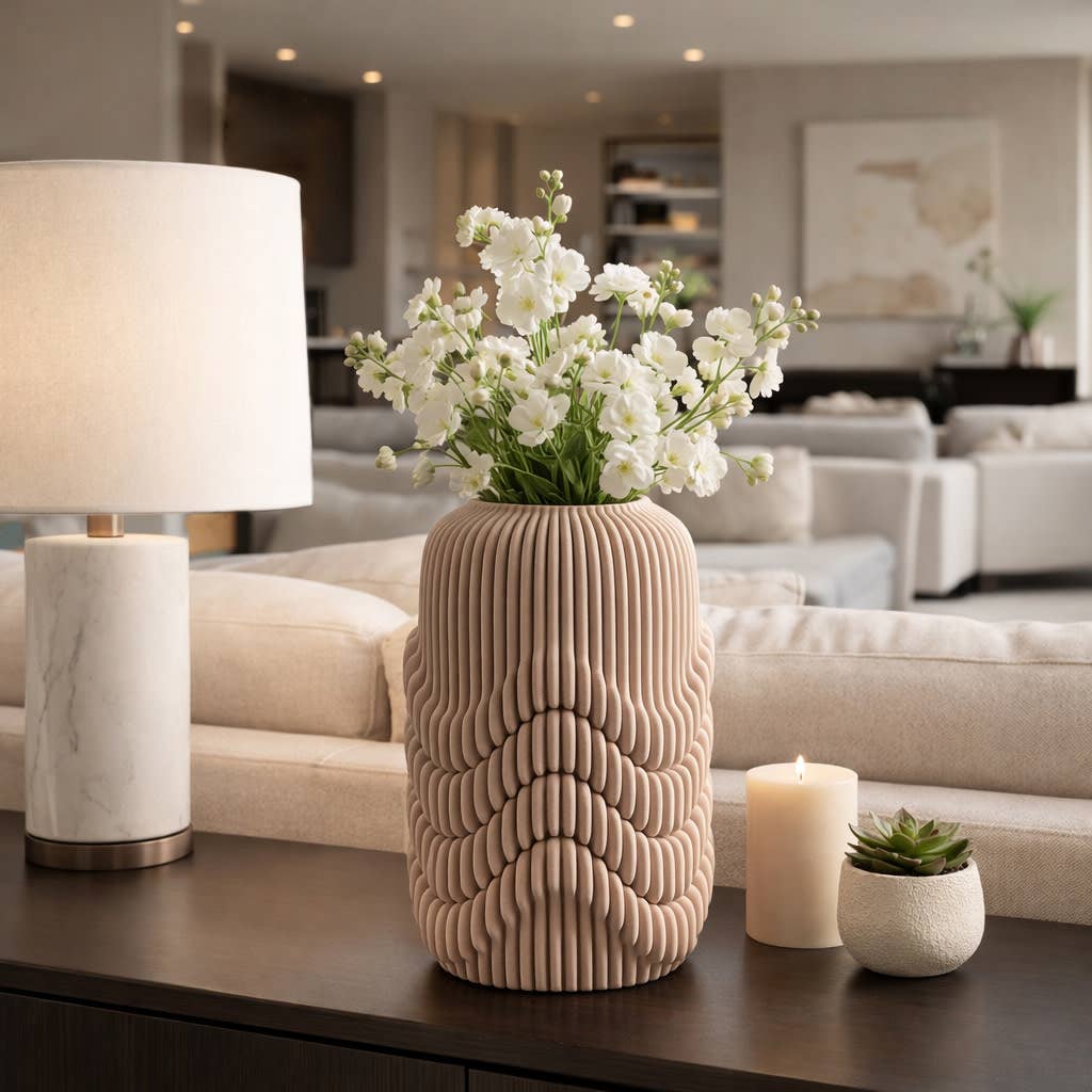 Decorative Vase - Brown Porcelain Ribbed 3D Printed, 12 in.
