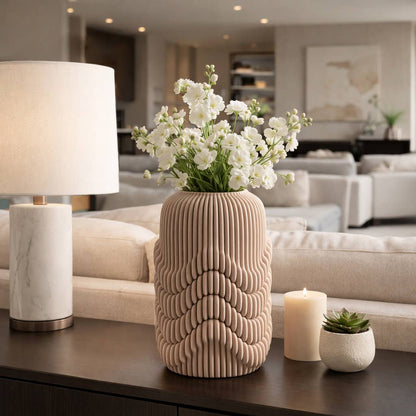 Decorative Vase - Brown Porcelain Ribbed 3D Printed, 12 in.