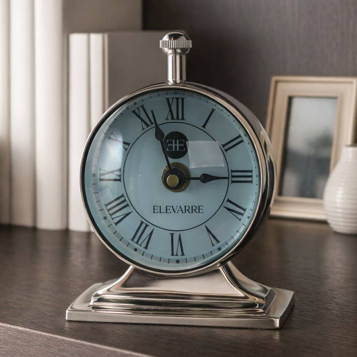 Desk Clock - Silver Metal Double-Sided Compass Back, 7 in.
