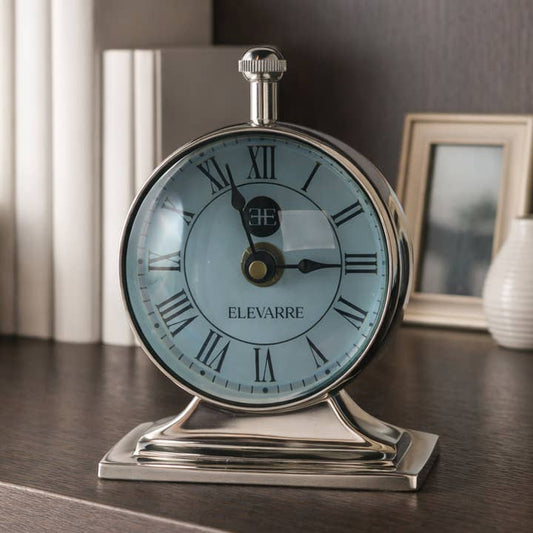Desk Clock - Silver Metal Double-Sided Compass Back, 7 in.