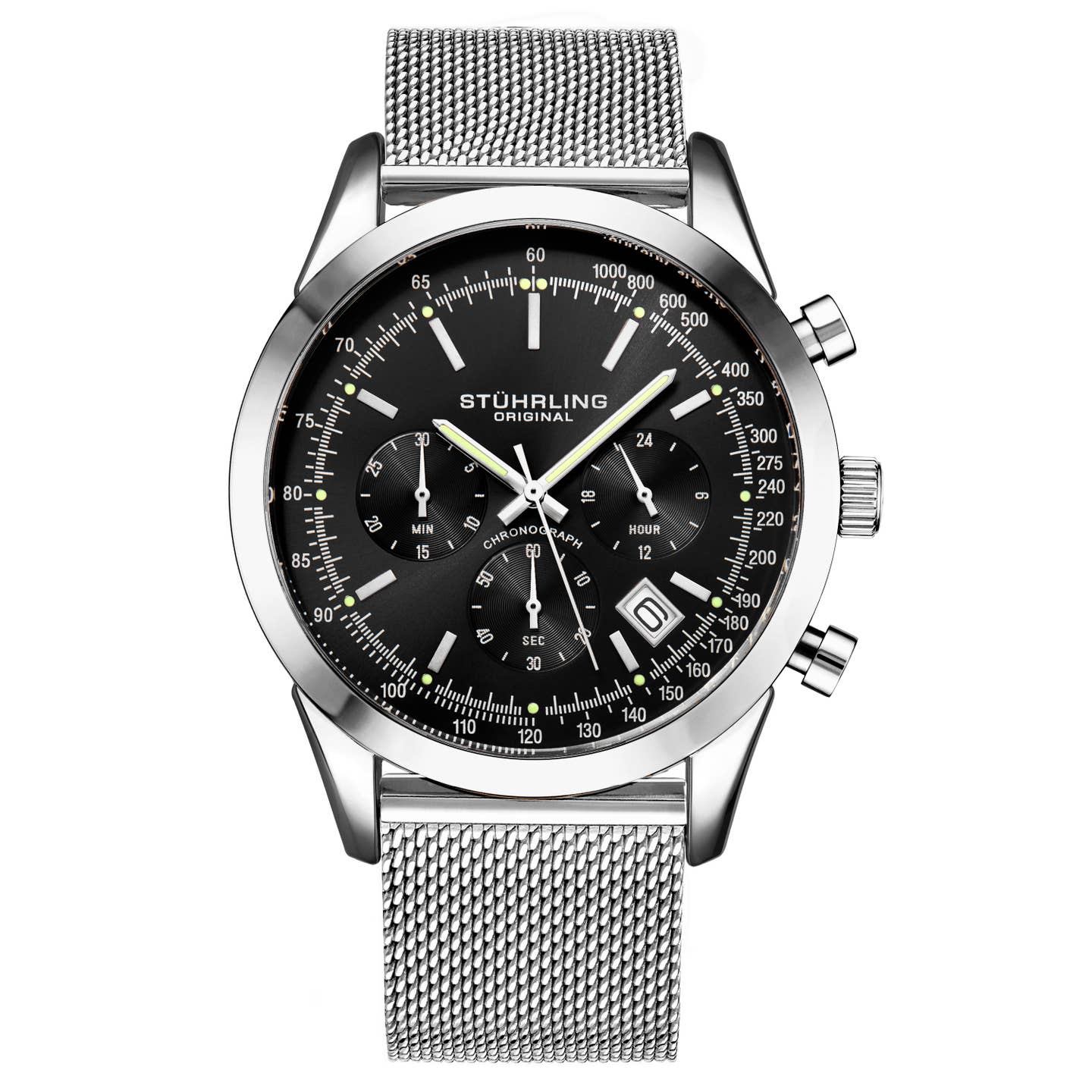 Stuhrling Original Rialto Men's Quartz Chronograph Watch, 44mm, Black Dial, Silver-Tone Case