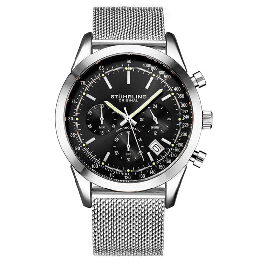 Stuhrling Original Rialto Men's Quartz Chronograph Watch, 44mm, Black Dial, Silver-Tone Case