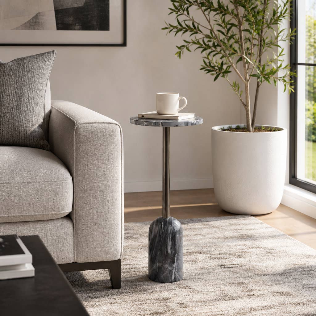 Side Table - Gray Stone Top Sculptural Narrow Base, 24 in.