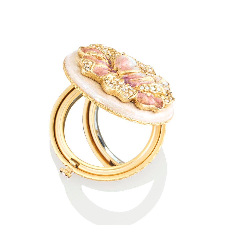 Jay Strongwater Angela Round Floral Compact Mirror, Rose Swarovski Crystal Enamel Gold-Finished