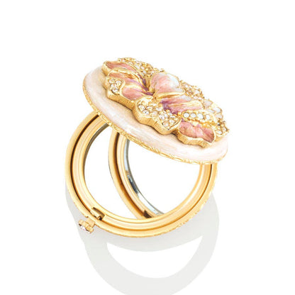Jay Strongwater Angela Round Floral Compact Mirror, Rose Swarovski Crystal Enamel Gold-Finished