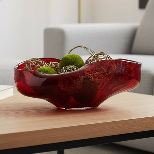 Decorative Bowl - Red Glass Oval Vibrant Centerpiece, 15 in.