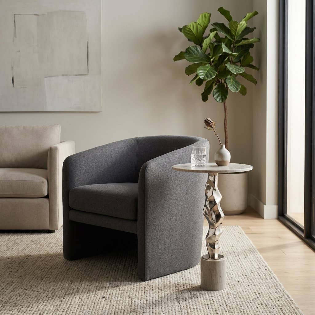 Side Table - Silver Marble Top with Sculptural Base, 25 in.