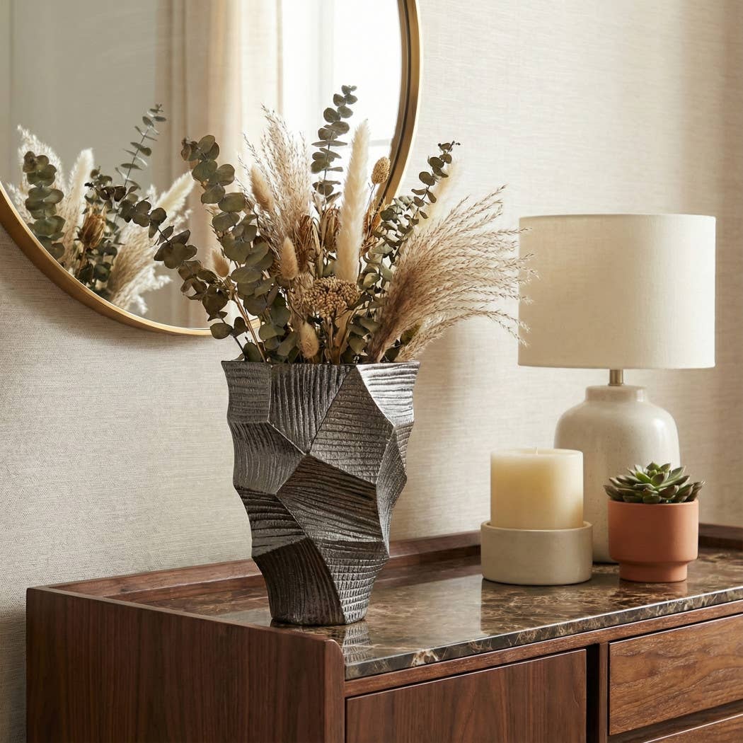 Decorative Vase - Gunmetal Metal Sculptural Textured, 12 in.