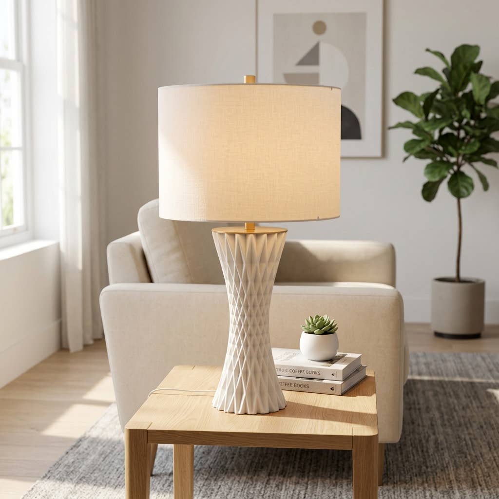 Table Lamp - White Porcelain 3D Printed Fabric Shade, 26 in.