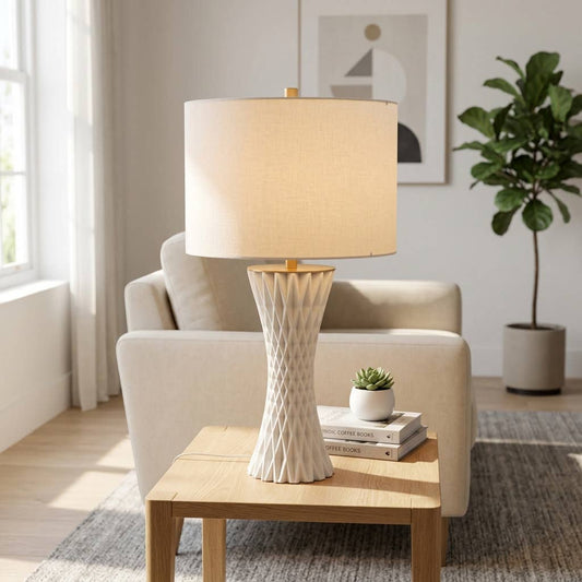 Table Lamp - White Porcelain 3D Printed Fabric Shade, 26 in.