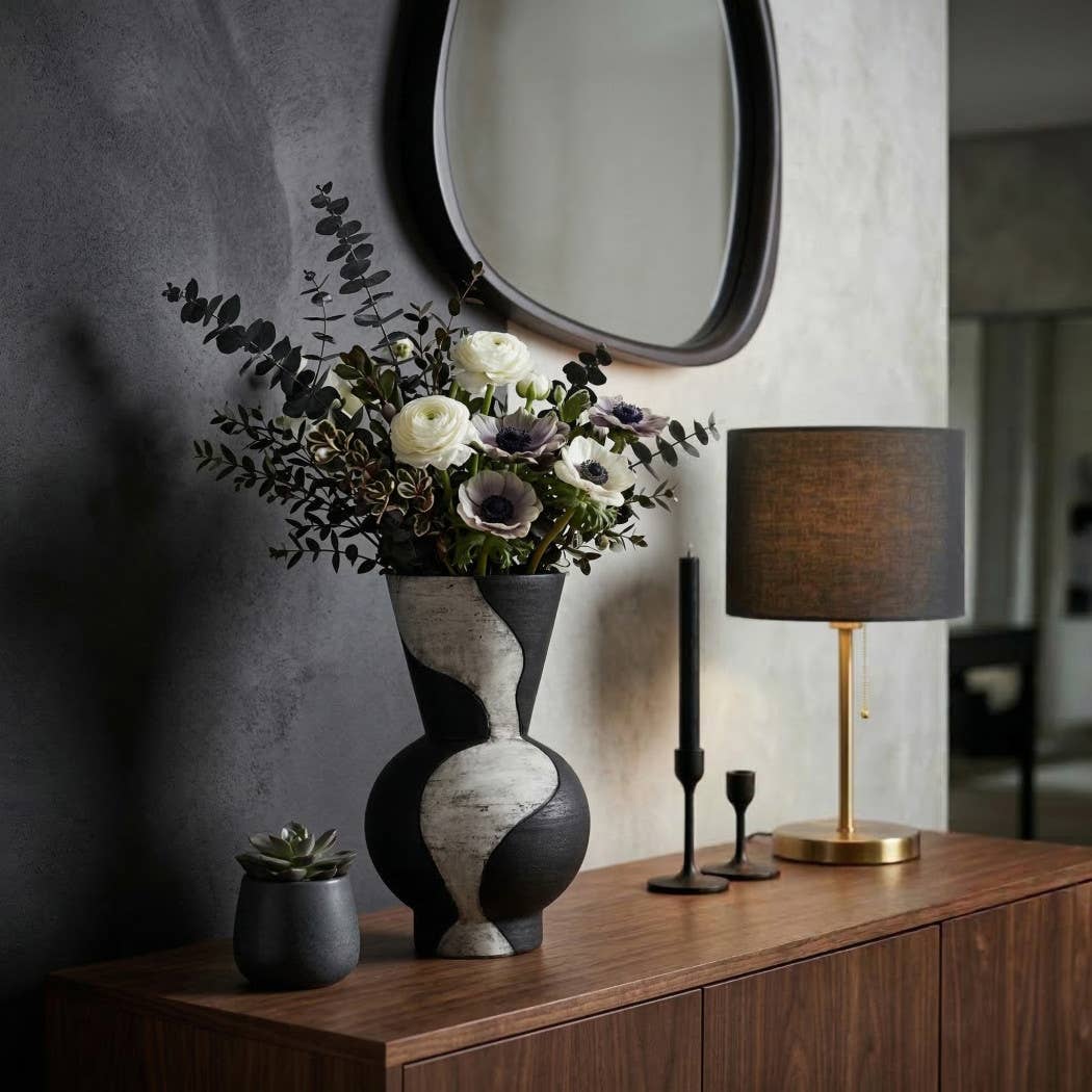 Decorative Vase - Black Ceramic Small Hourglass, 18 in.