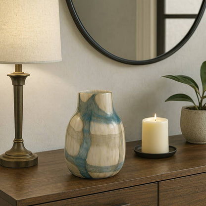 Decorative Vase - Blue/Tan Glass Sculptural Two Tone, 10 in.