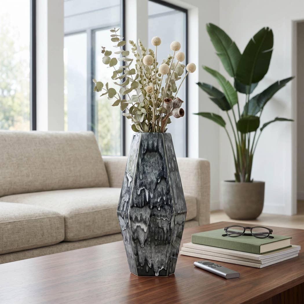 Decorative Vase - Green Ceramic Medium Geometric, 16 in.
