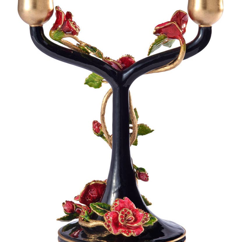 Jay Strongwater Lisha Night Bloom Double Candlestick Holder, Swarovski Crystal Enamel Gold-Finished