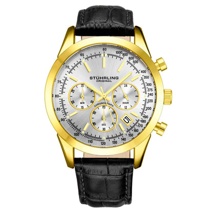 Stuhrling Original Rialto Men's Quartz Chronograph Watch, 44mm, Silver Dial, Black Leather Strap