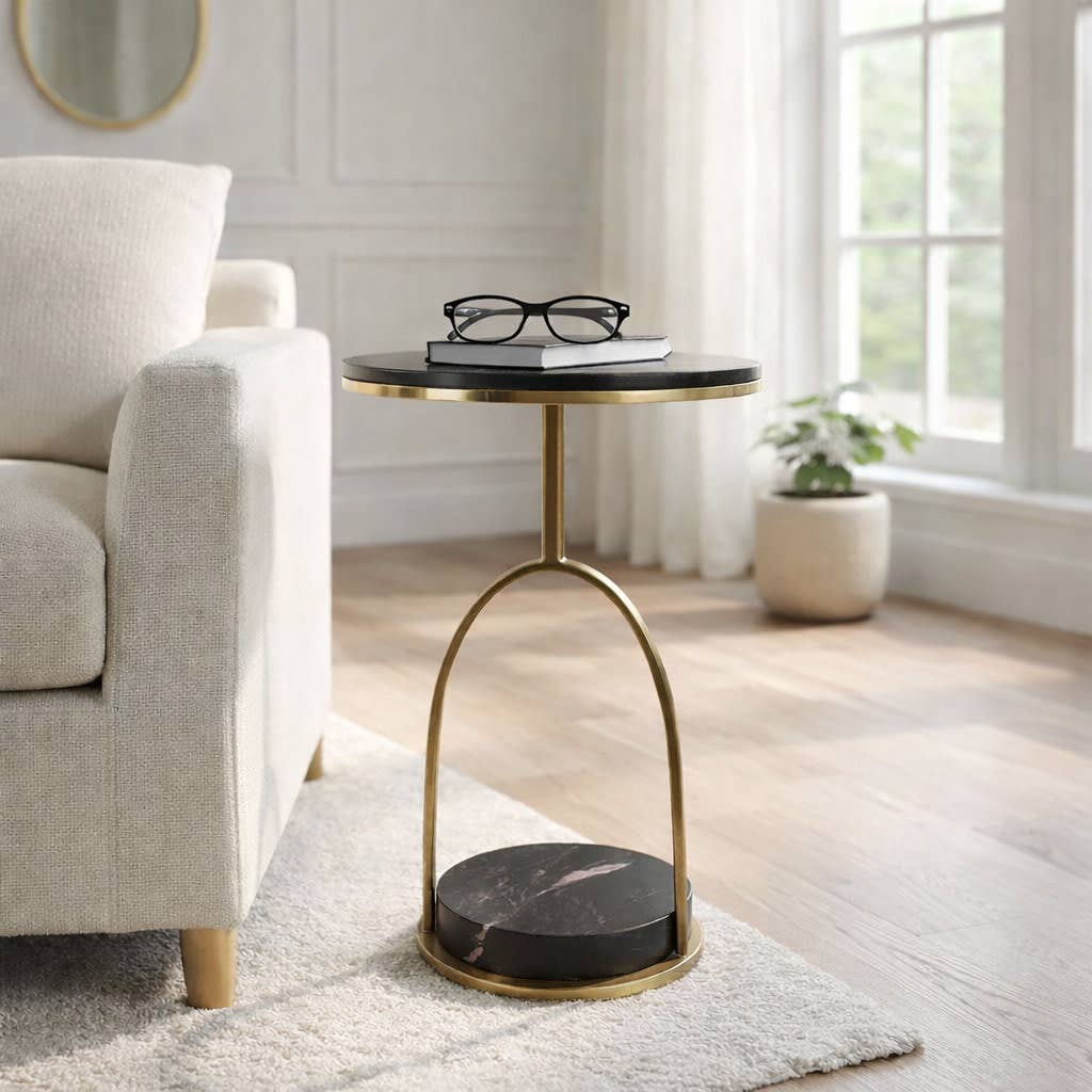 Side Table - Black Marble Top On Lower Storage Base, 23 in.