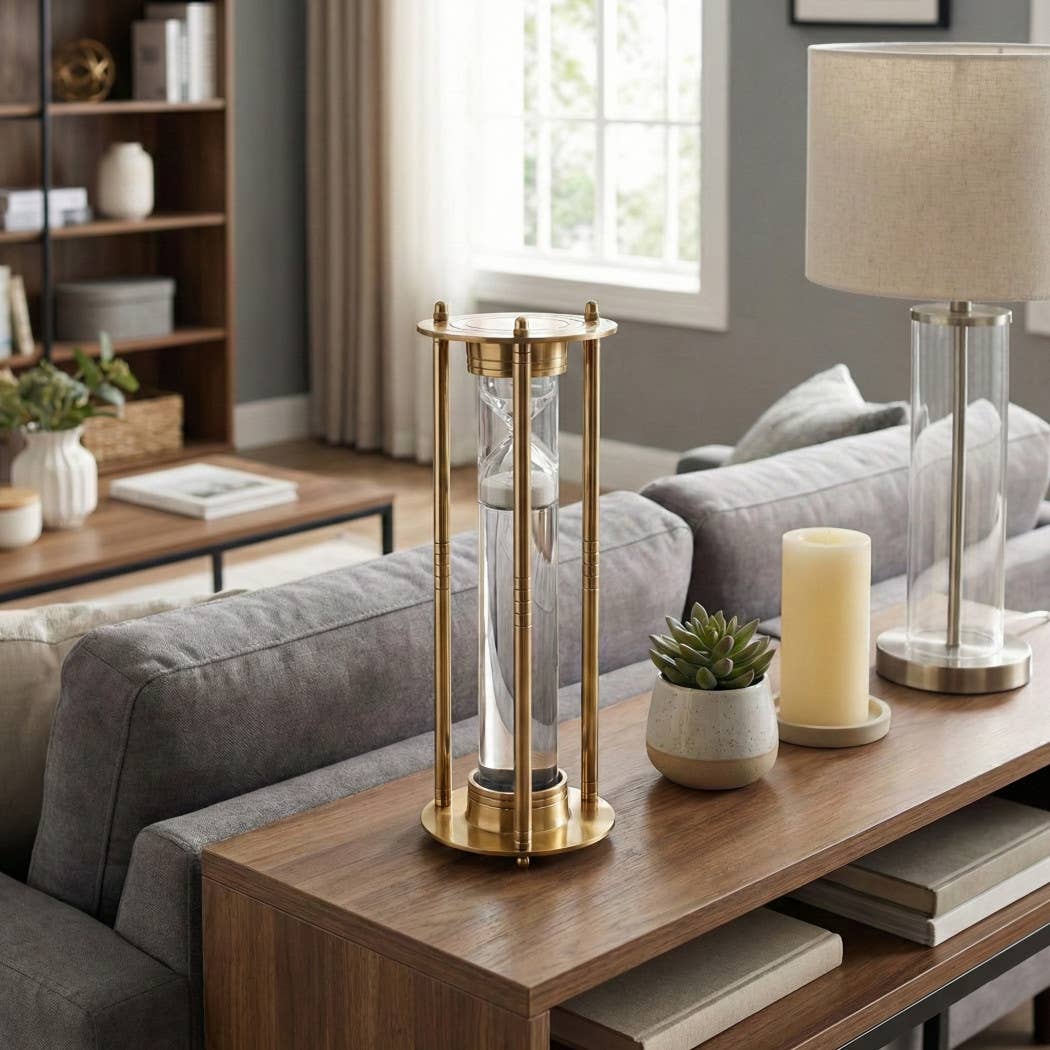 Decorative Object - Gold Metal Glass Round Hourglass, 13 in.
