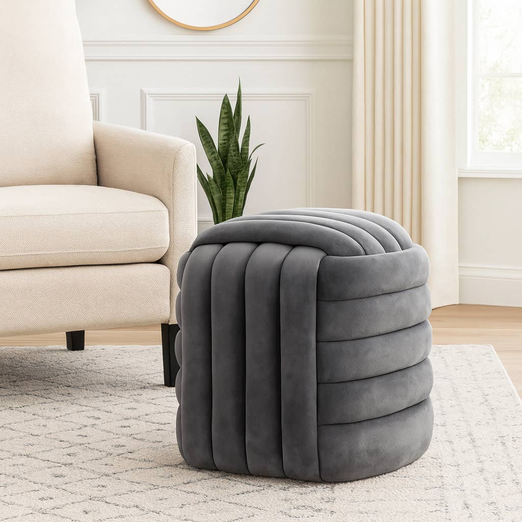Ottoman Stool - Grey Velvet Cube Knot Layered Cushion, 19 in