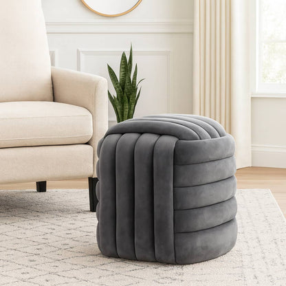 Ottoman Stool - Grey Velvet Cube Knot Layered Cushion, 19 in
