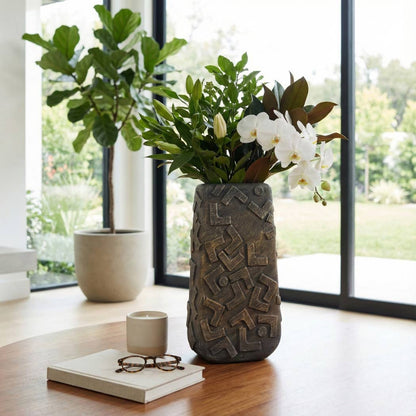 Decorative Vase - Bronze Ceramic Geometric Textured, 17 in.