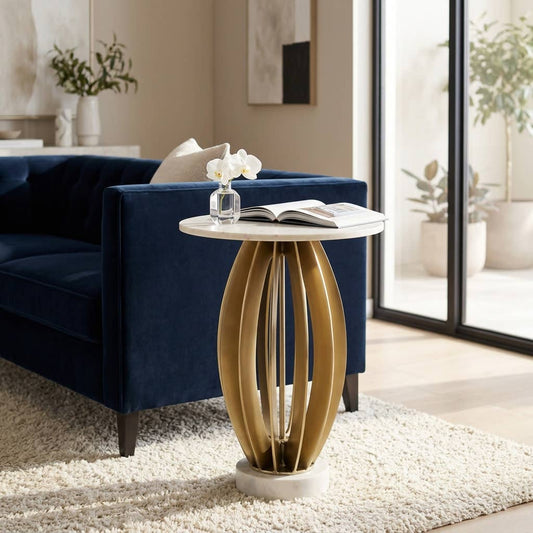Side Table - White Marble Top Metal Pedestal Base, 25 in.