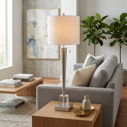 Table Lamp - Silver Metal Tapered Body On Glass Base, 36 in.