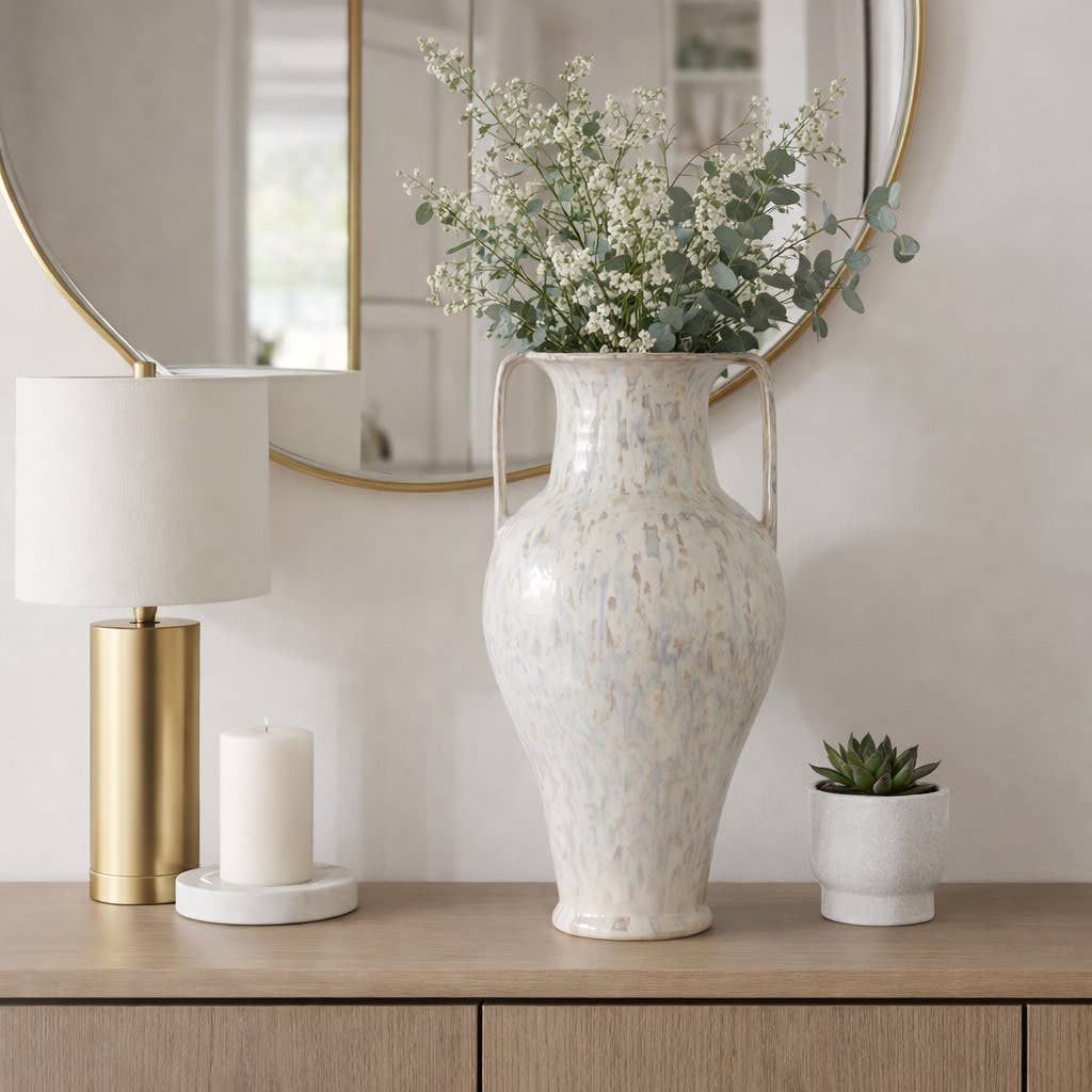 Decorative Vase - White Ceramic Unique Urn Shape, 24 in.