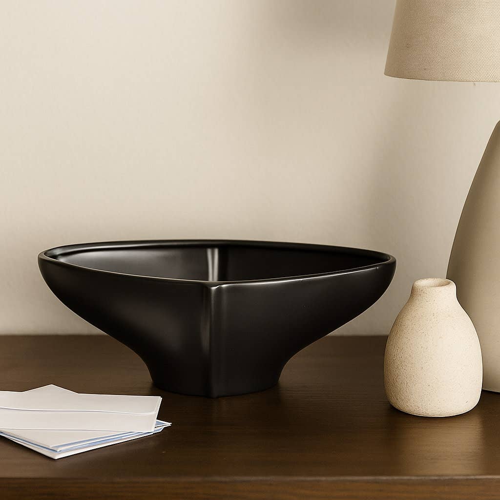 Decorative Bowl - Black Glass Minimalist Centerpiece, 16 in.