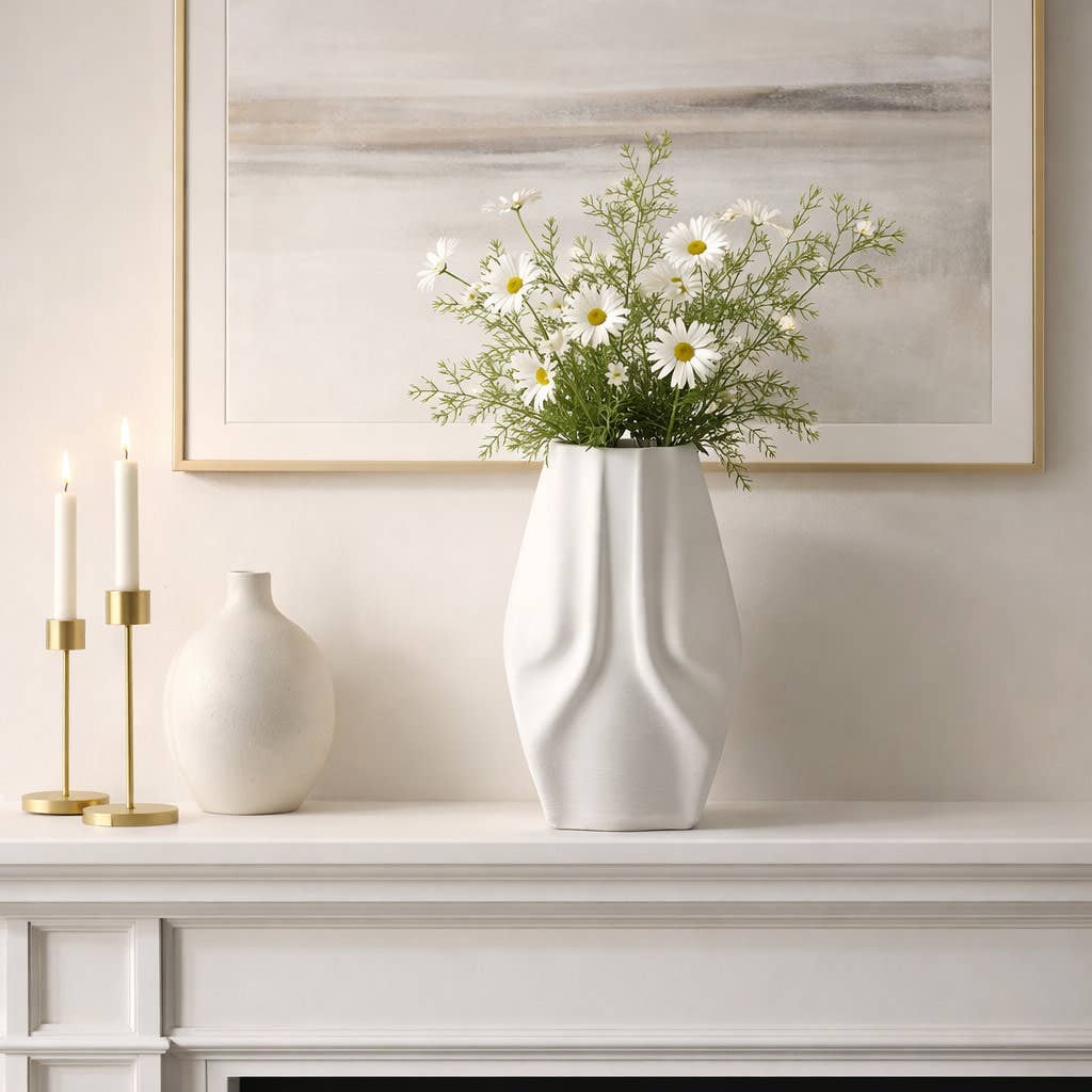 Decorative Vase - Ivory Porcelain 3D Printed Sculpted, 11 in