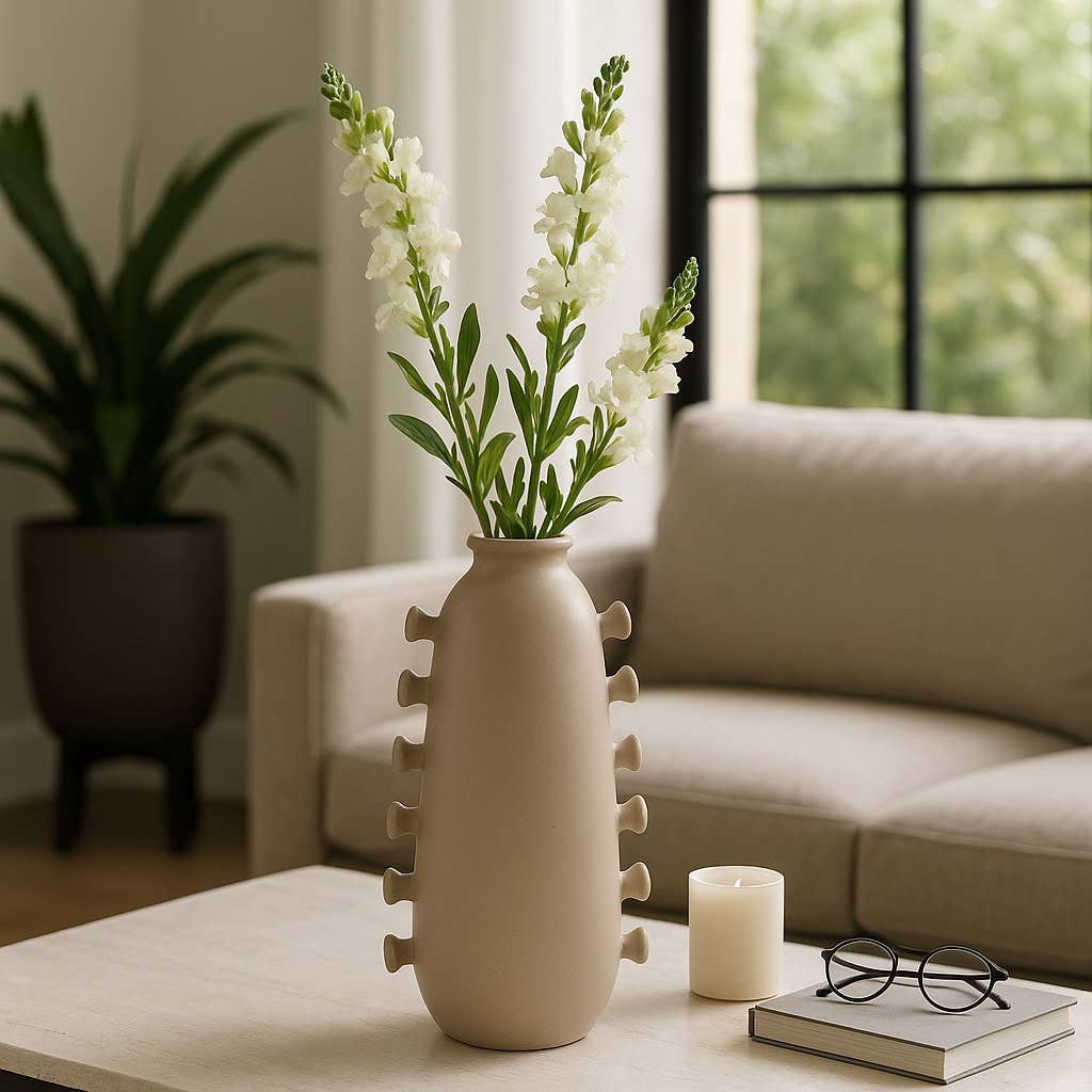 Decorative Vase - Tan Ceramic with Side Detailing, 15 in.