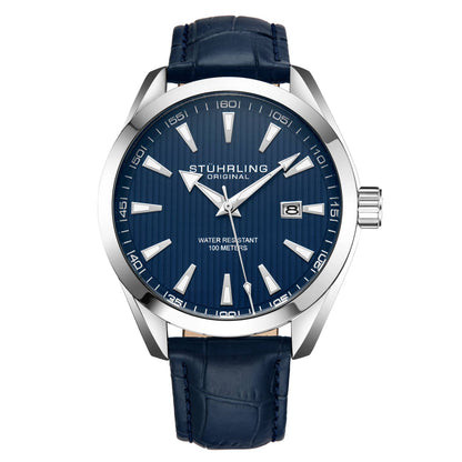 Stuhrling Original Symphony Men's Quartz Watch, Blue Dial, Silver Bezel, Blue Alligator Embossed Leather Strap