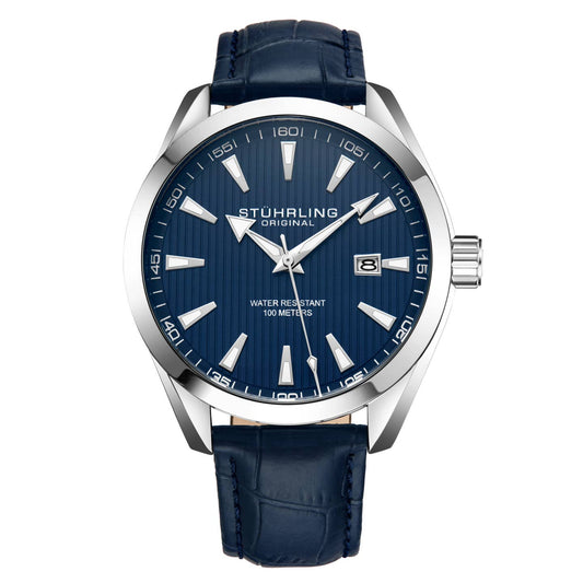 Stuhrling Original Symphony Men's Quartz Watch, Blue Dial, Silver Bezel, Blue Alligator Embossed Leather Strap
