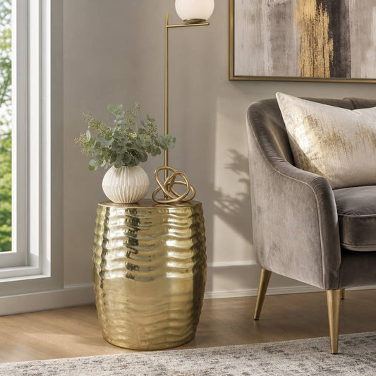 Side Table - Gold Metal Top Wavy Textured Design, 19 in.