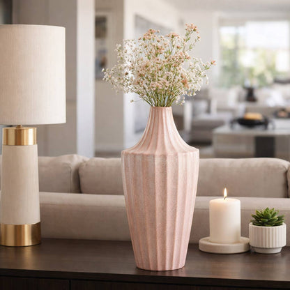 Decorative Vase - Pink Ceramic Sculpted Ridged, 16 in.