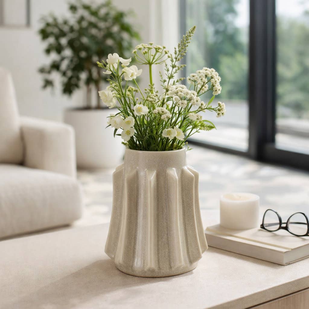 Decorative Vase - Beige Ceramic Modern Sculptural, 11 in.