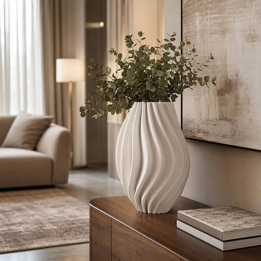 Decorative Vase - Ivory Porcelain Vertical 3D Ribbed, 16 in.