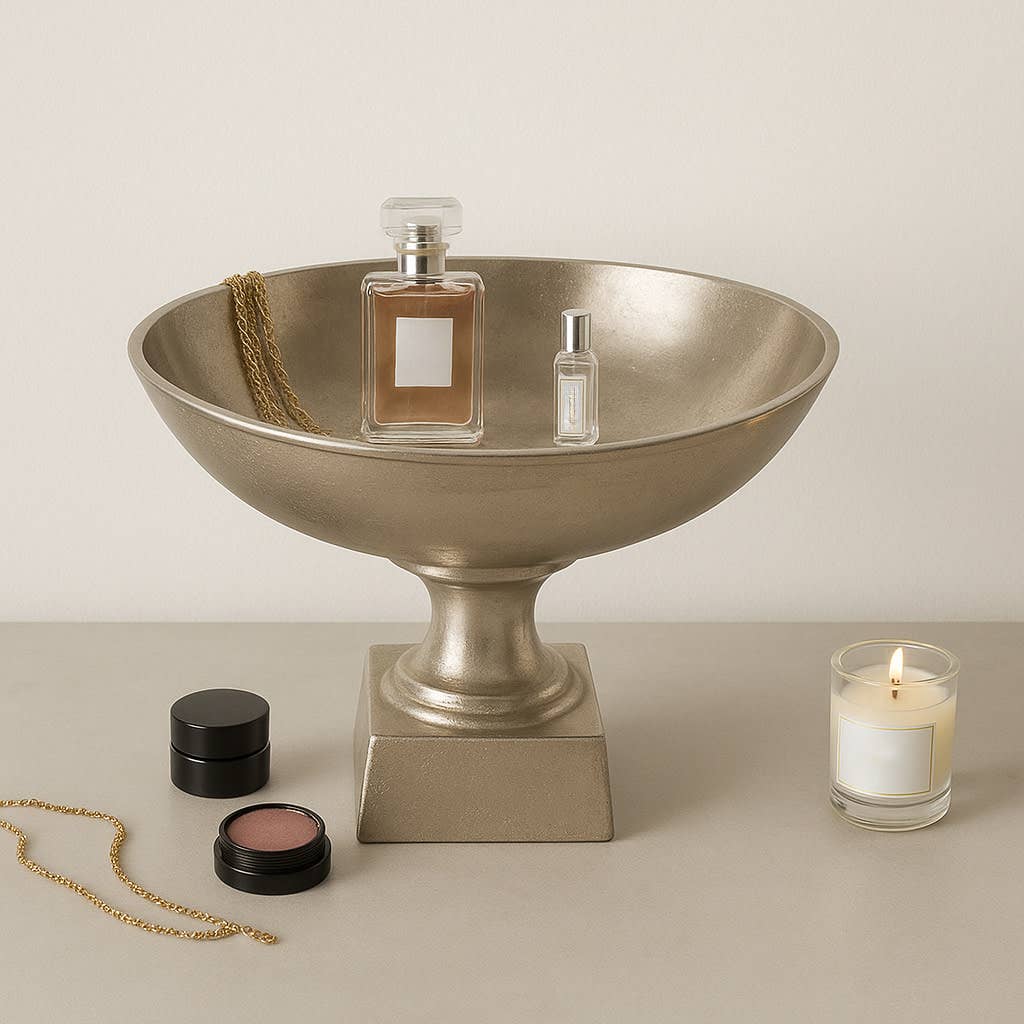 Decorative Bowl - Silver Metal Round On Square Base, 20 in.