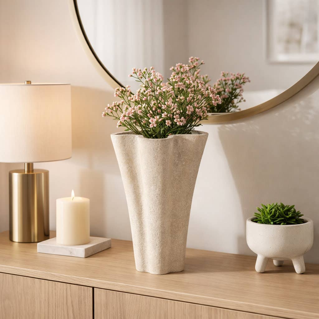 Decorative Vase - Gray Ceramic Refined Fluted, 14 in.