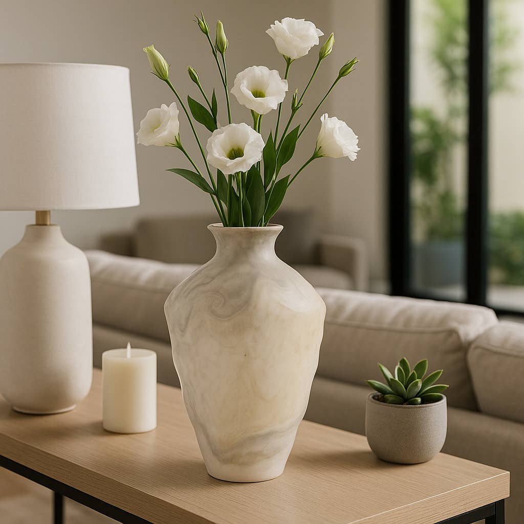 Decorative Vase - Ivory Glass Unique Swirl Pattern, 15 in.