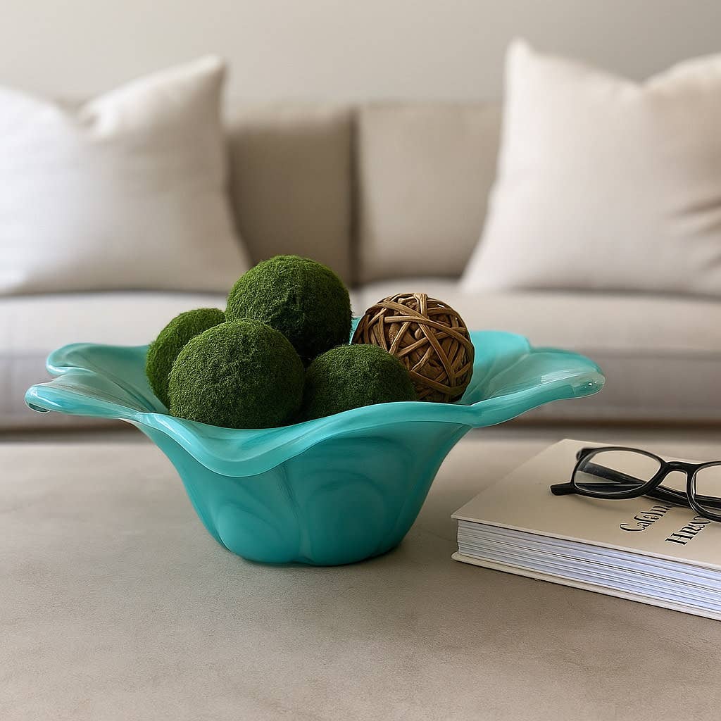 Decorative Bowl - Blue Glass Swirl Flower-Shaped, 14 in.