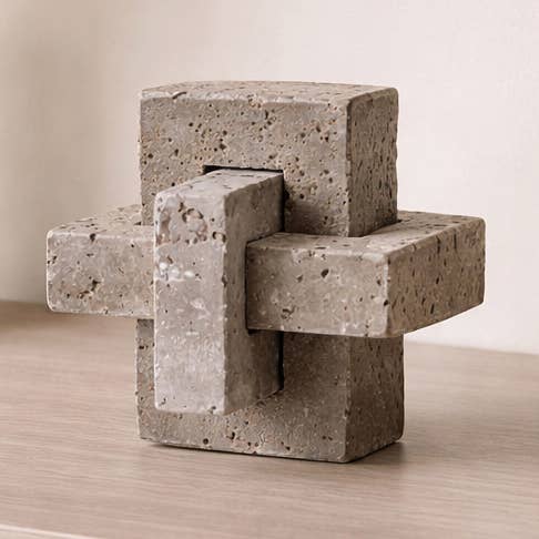 Sculpture - Gray Stone Metal Interlocking Block, 5 in.